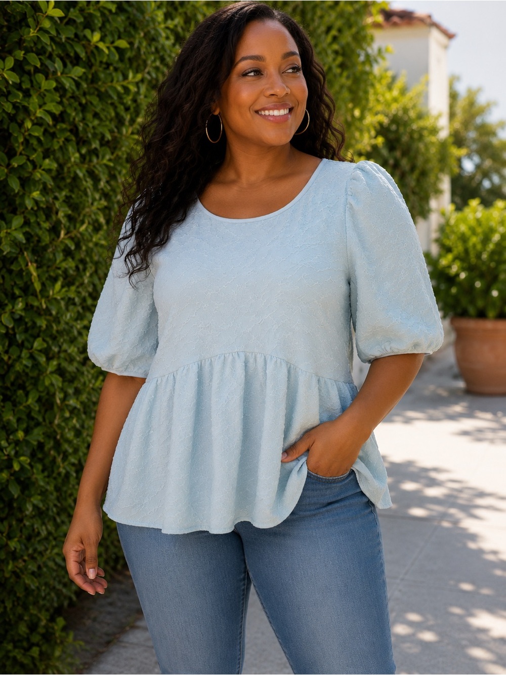 Light Blue Puff Sleeve Textured Peplum Top